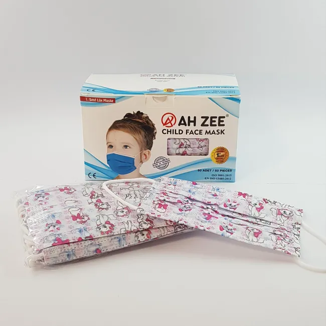 Kız Çocuk Maskesi 3 Katlı 50'li Paket (Kedi Baskılı)
