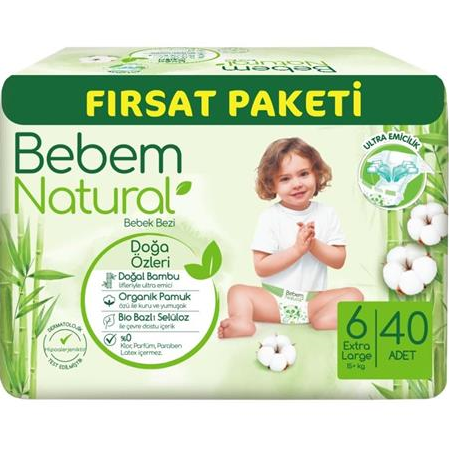 Bebem Natural Bebek Bezi 6 Numara (Extra Large 40 Adet)